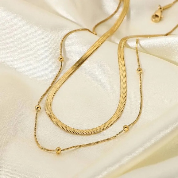 18K Gold Plated Round Beads Snake Chain Stacked Double Layered Necklace - Picture 5 of 9